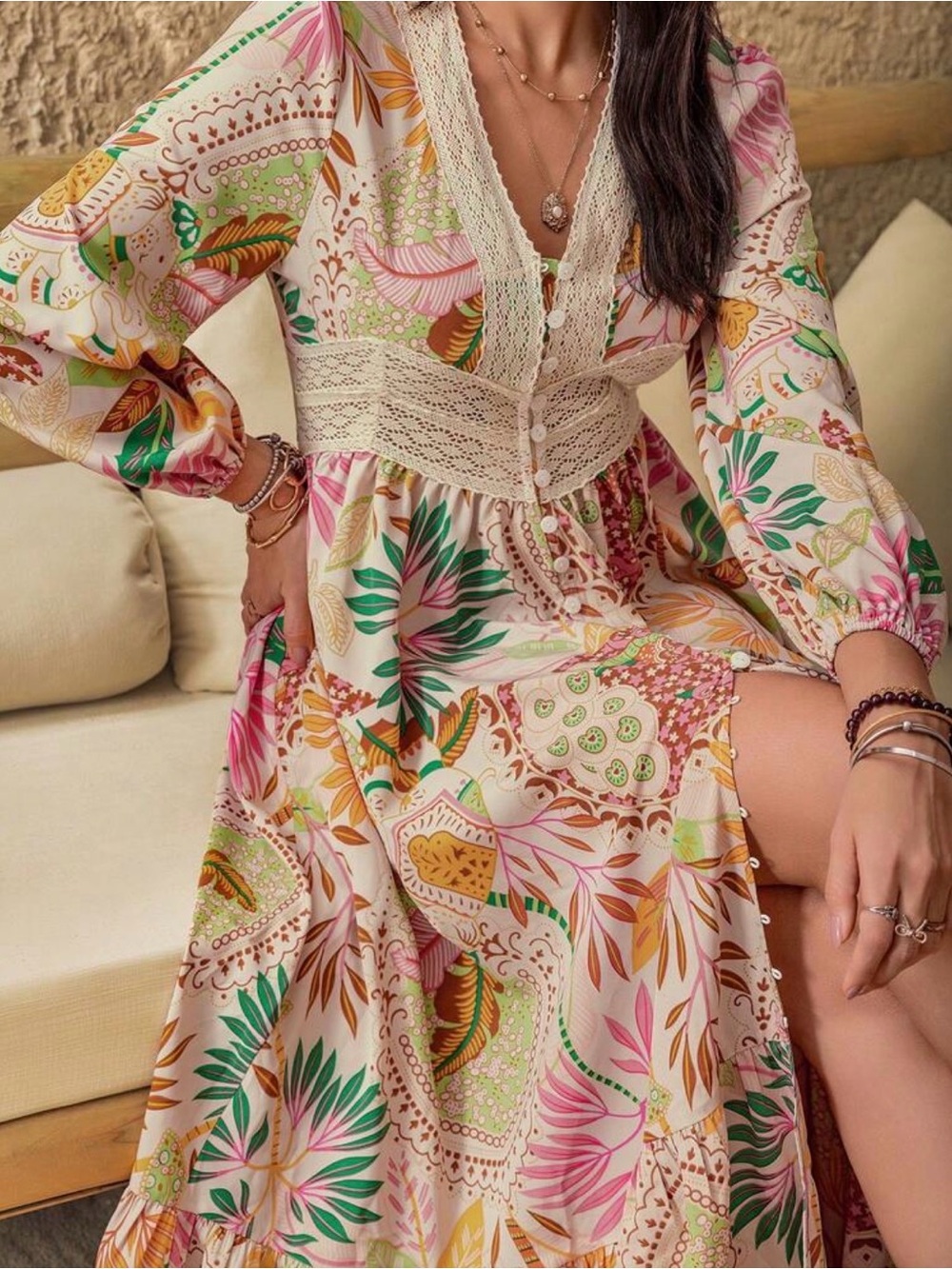 Bohemian Long Sleeve Maxi Dress with Lace Trim - Pink & Green